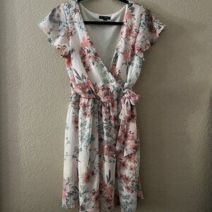 As U Wish White Floral Wrap Dress With Pink and Turquiose Floral Design